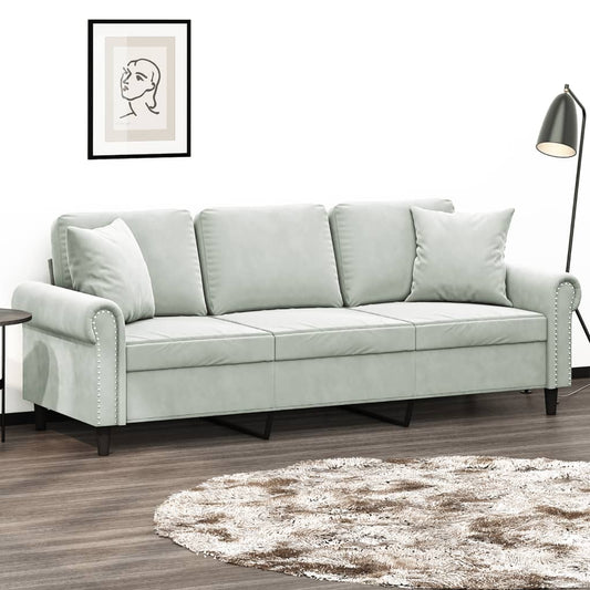 3-seater sofa with decorative cushions light grey 180 cm velvet