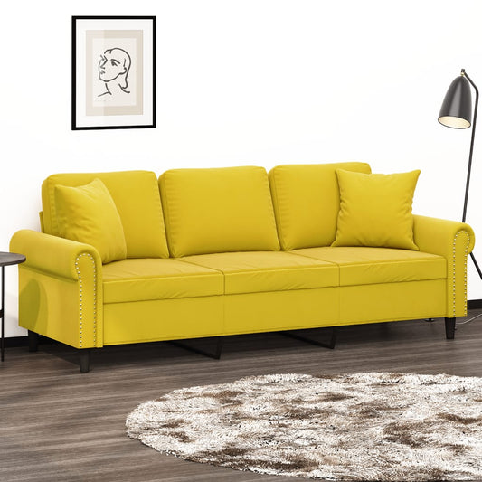3-seater sofa with decorative cushions yellow 180 cm velvet