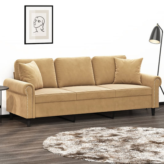 3-seater sofa with decorative cushions brown 180 cm velvet
