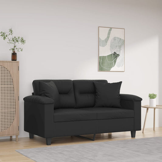 2-seater sofa with decorative cushions, black, 120 cm, faux leather