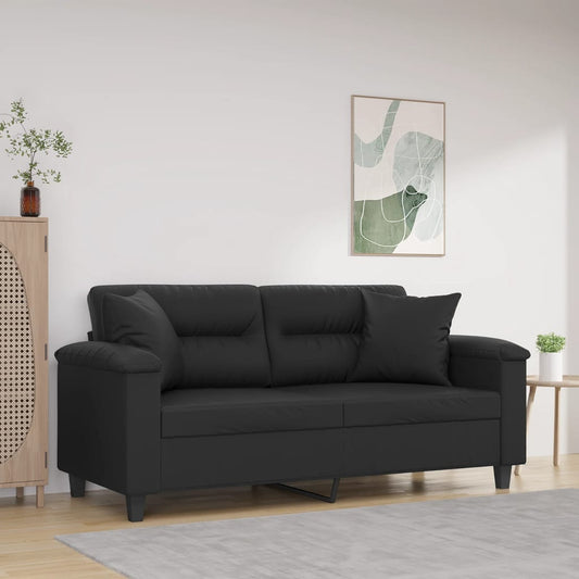 2-seater sofa with decorative cushions, black, 140 cm, faux leather
