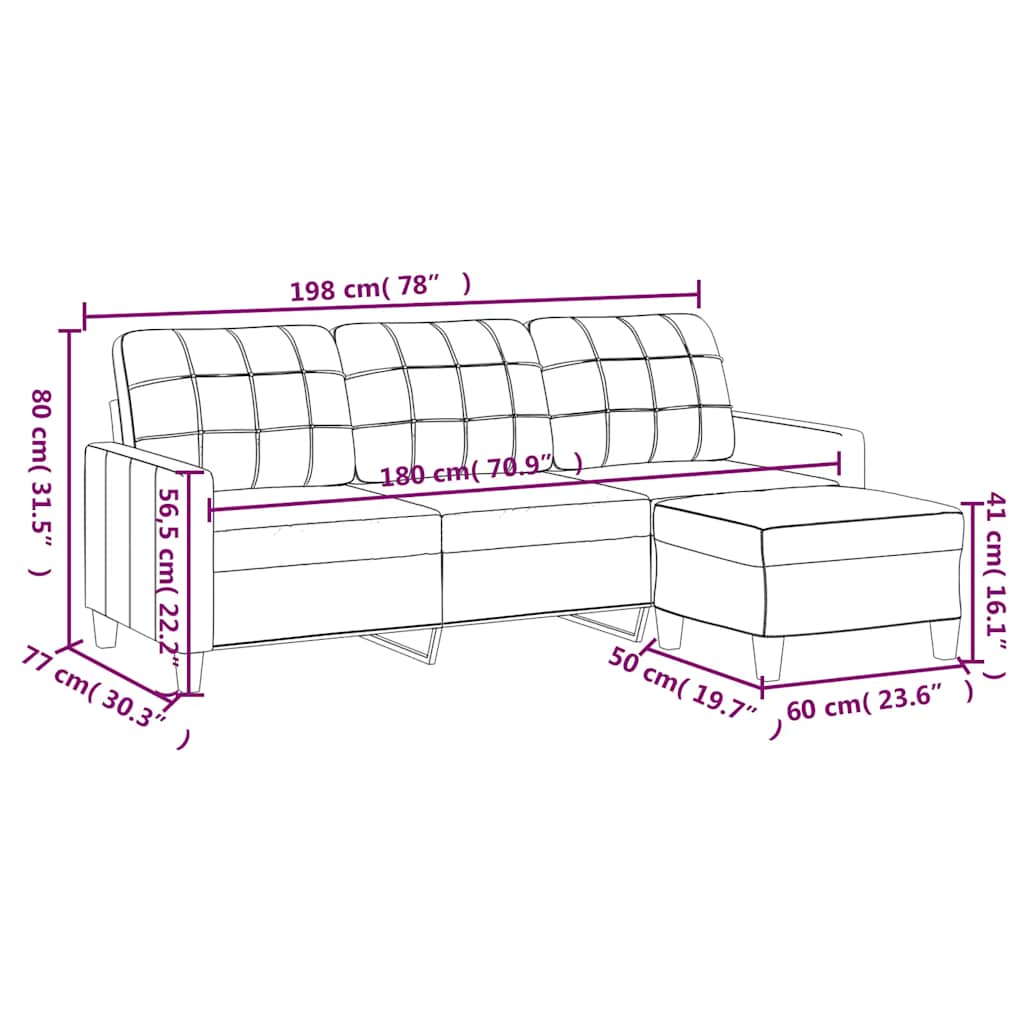 3-Sitzer-Sofa mit Hocker Schwarz 180 cm Kunstleder