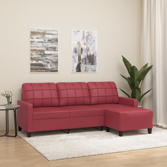 3-seater sofa with footstool wine red 180 cm artificial leather