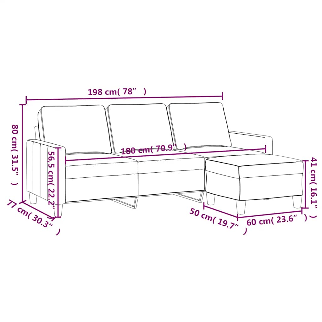 3-Sitzer-Sofa mit Hocker Schwarz 180 cm Stoff