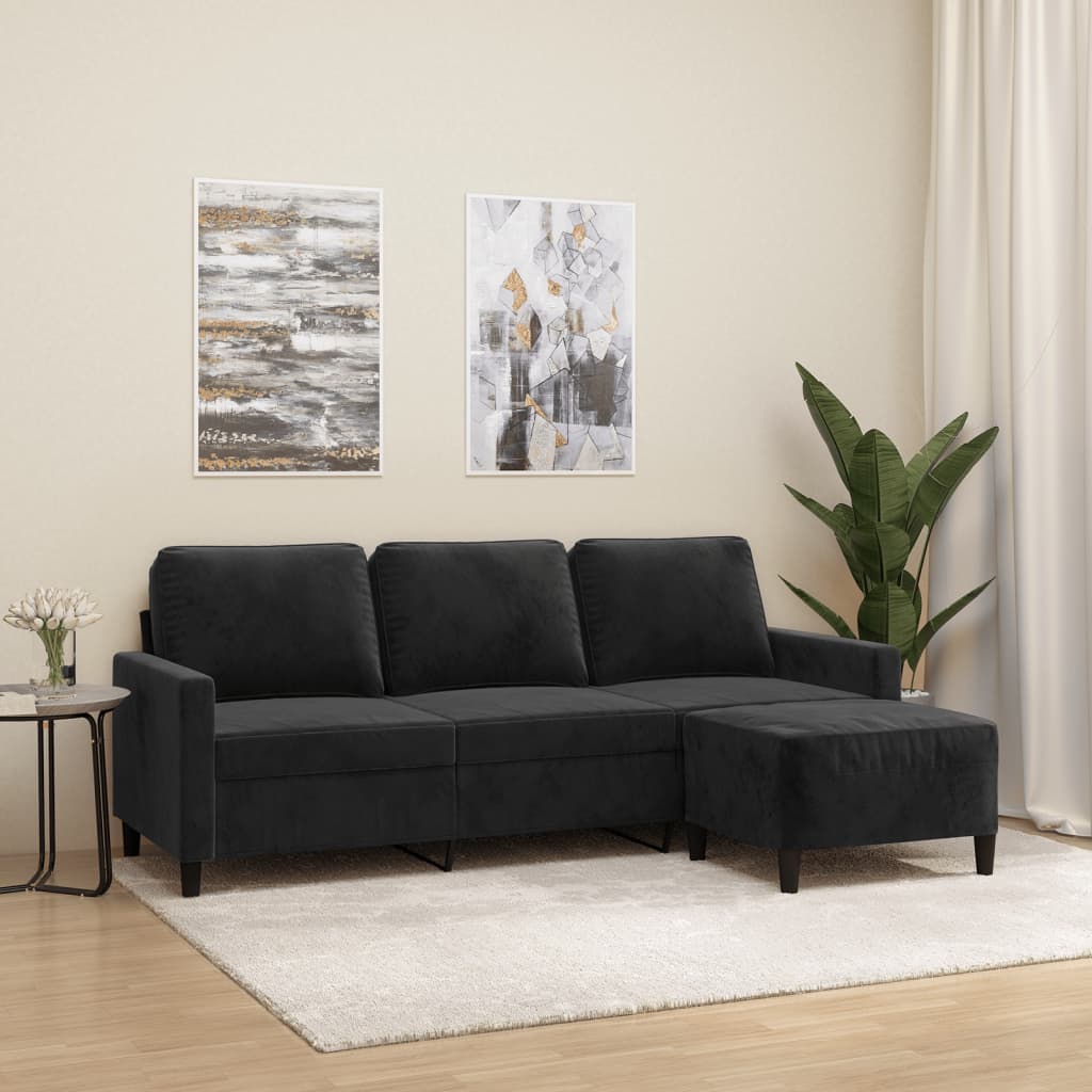 3-seater sofa with footstool black 180 cm velvet