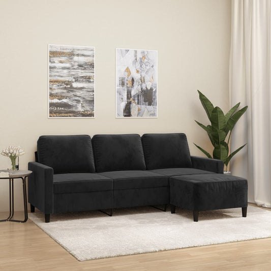 3-seater sofa with footstool black 180 cm velvet