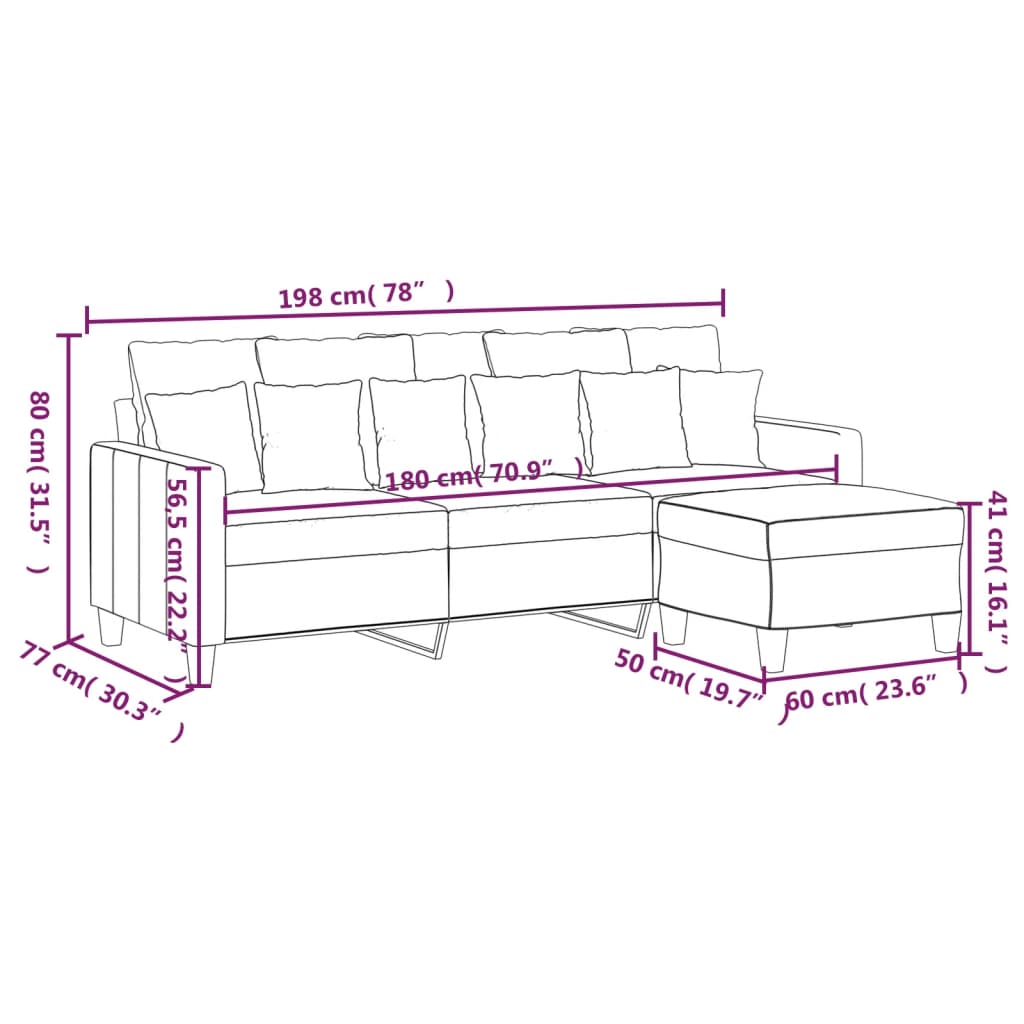 3-Sitzer-Sofa mit Hocker Creme 180 cm Stoff