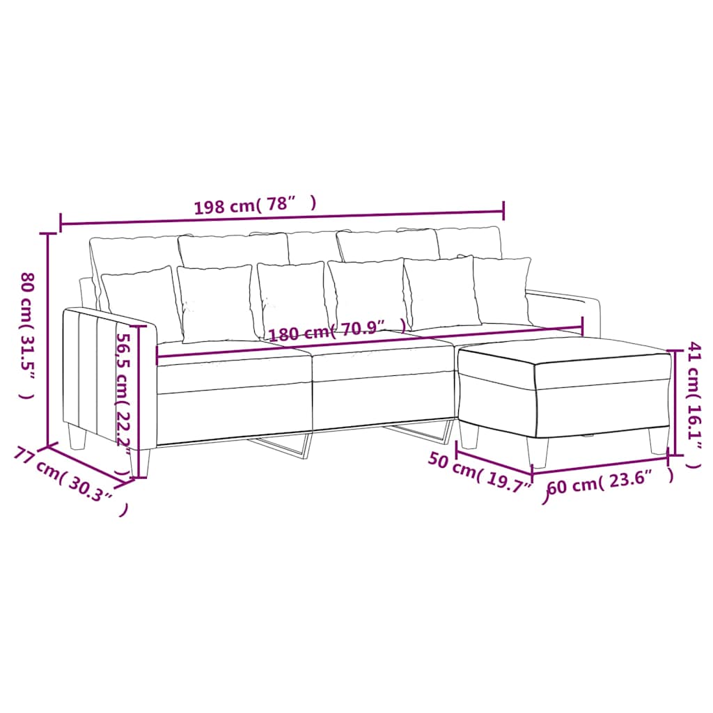3-Sitzer-Sofa mit Hocker Schwarz 180 cm Stoff