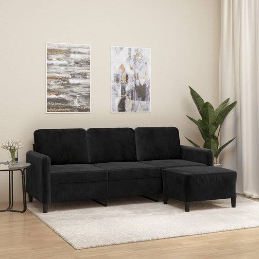 3-seater sofa with footstool black 180 cm velvet