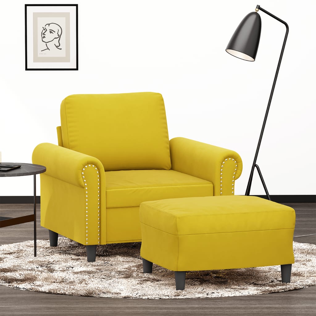 Fauteuil avec tabouret en velours jaune 60 cm