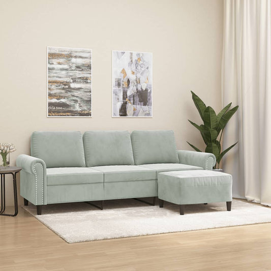 3-seater sofa with footstool light grey 180 cm velvet