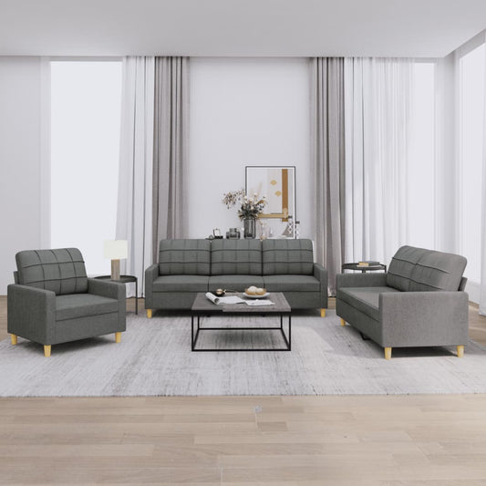 3-piece sofa set with cushions in dark grey fabric