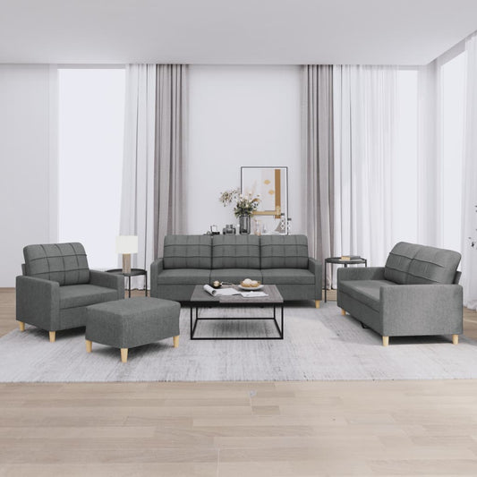 4-piece sofa set with cushions in dark grey fabric