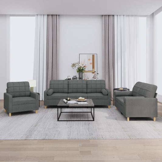 3-piece sofa set with cushions in dark grey fabric