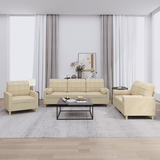 3-piece sofa set with cushions in cream fabric