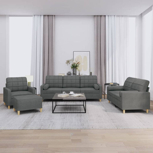 4-piece sofa set with cushions in dark grey fabric