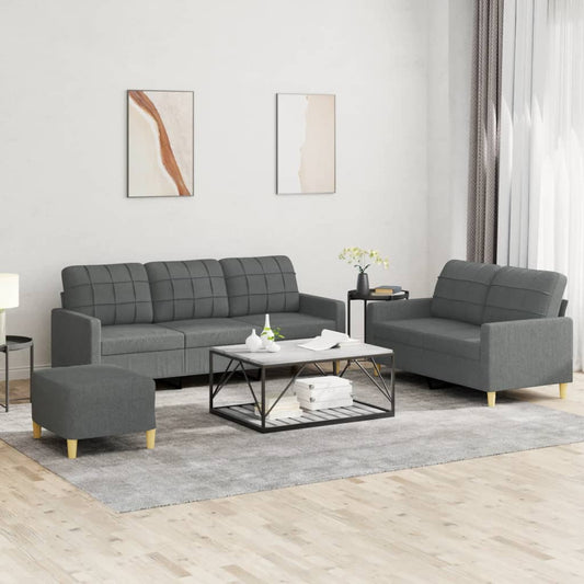 3-piece sofa set with cushions in dark grey fabric