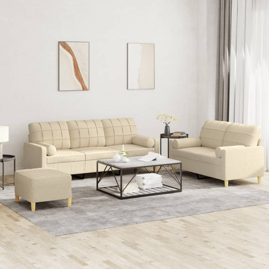 3-piece sofa set with cushions in cream fabric