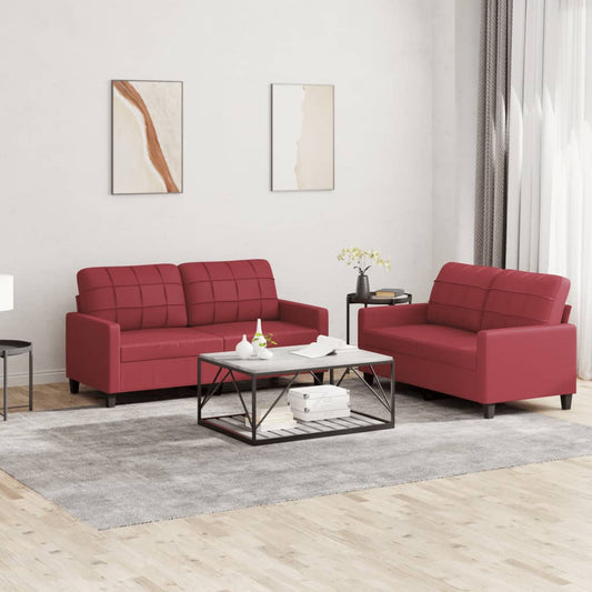 2-piece sofa set with cushions, wine red, faux leather