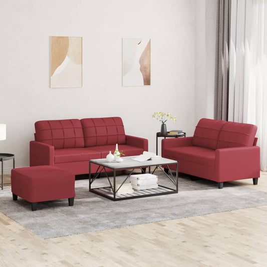 3-piece sofa set with cushions, wine red, faux leather