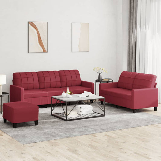 3-piece sofa set with cushions, wine red, faux leather