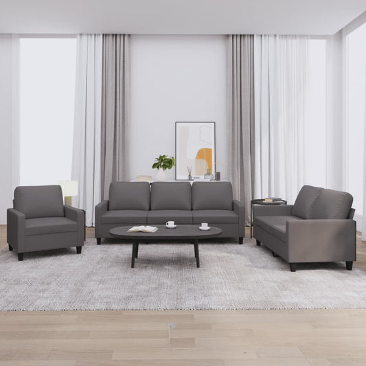 3-piece sofa set with cushions, grey faux leather