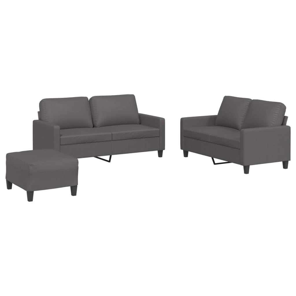 3-piece sofa set with cushions, grey faux leather