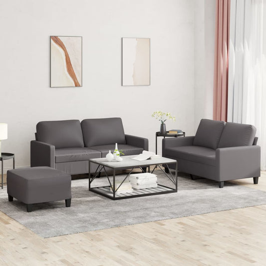 3-piece sofa set with cushions, grey faux leather