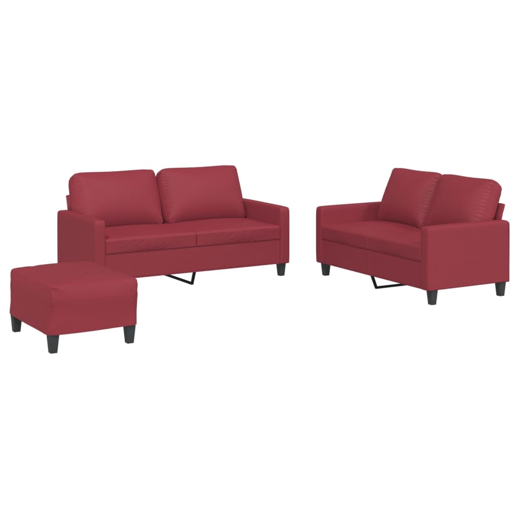 3-piece sofa set with cushions, wine red, faux leather