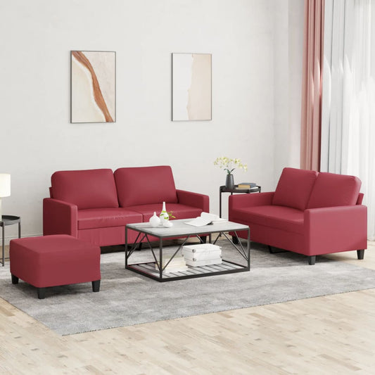 3-piece sofa set with cushions, wine red, faux leather