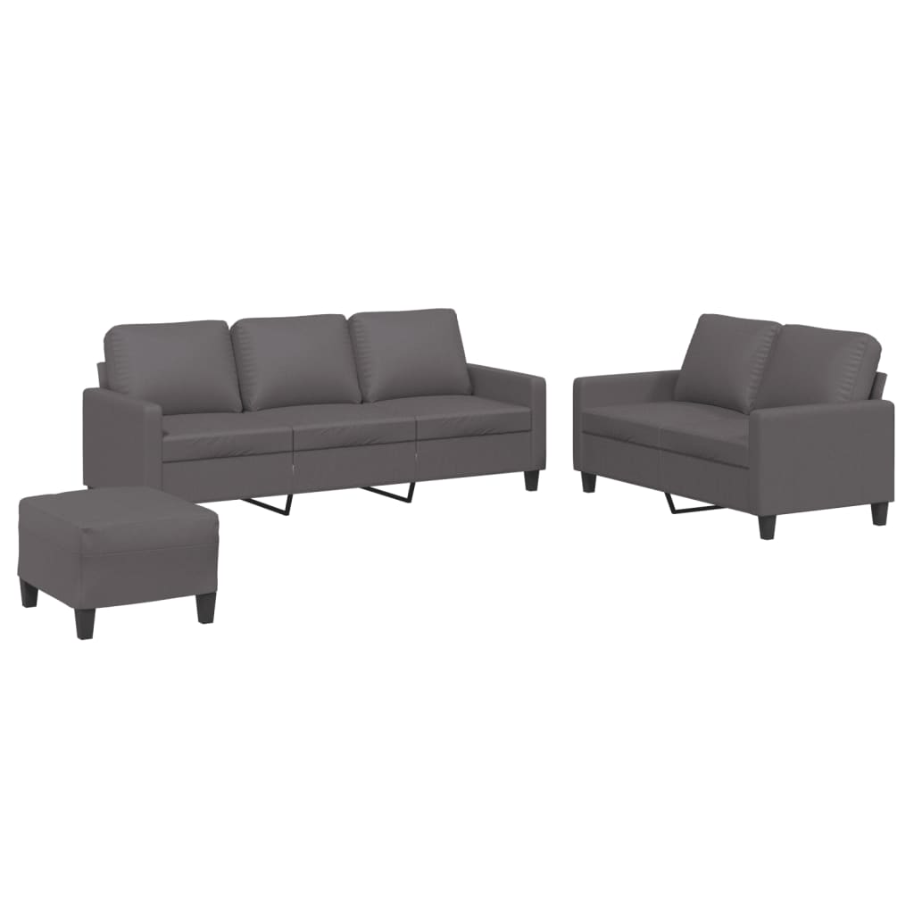 3-piece sofa set with cushions, grey faux leather