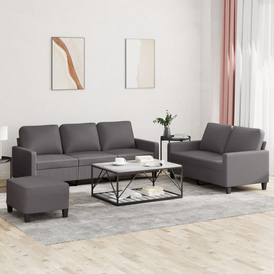 3-piece sofa set with cushions, grey faux leather