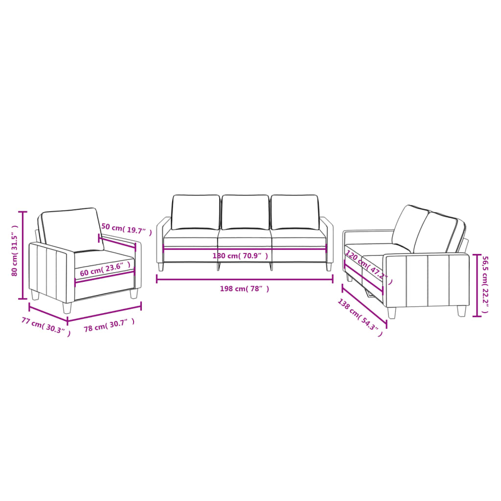 3-piece sofa set with cushions in light grey fabric