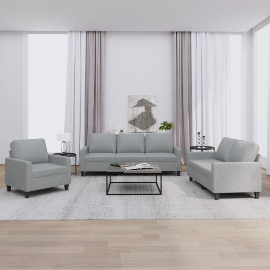 3-piece sofa set with cushions in light grey fabric