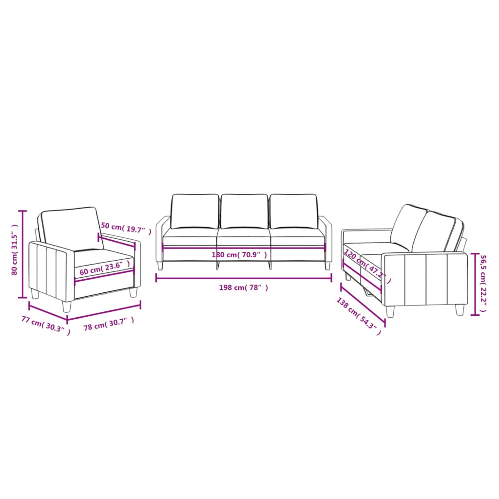 3-piece sofa set with cushions in cream fabric