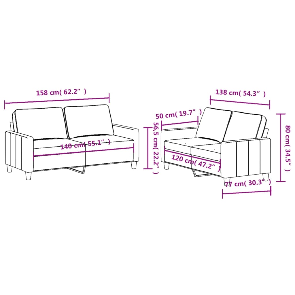 2-piece sofa set with cushions in black fabric