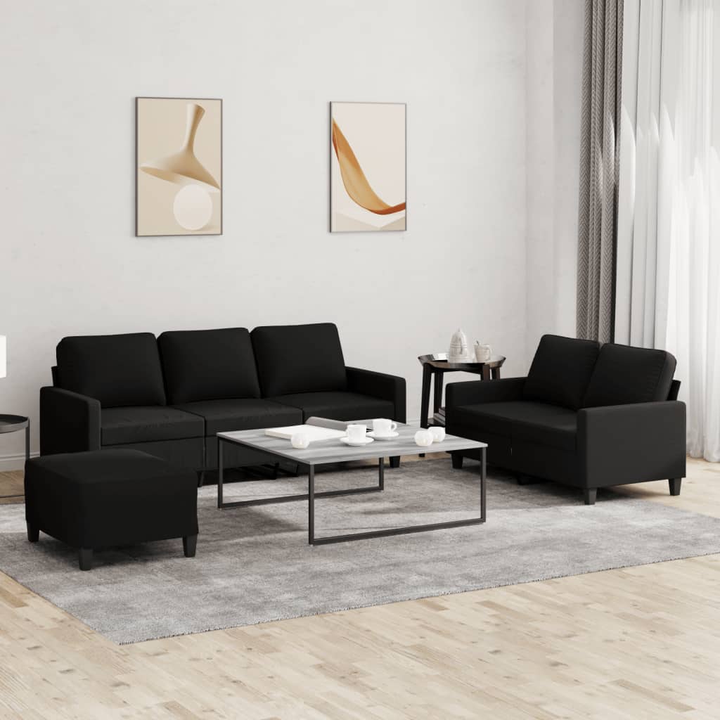 3-piece sofa set with cushions in black fabric