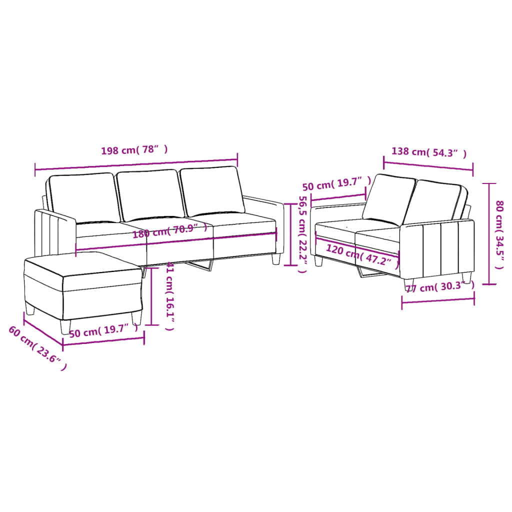 3-piece sofa set with cushions in taupe fabric