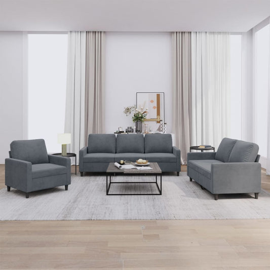 3-piece sofa set with cushions in dark grey velvet