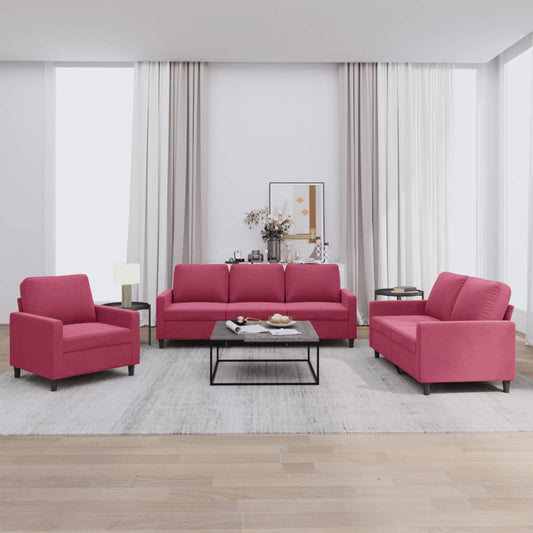 3-piece sofa set with cushions wine red velvet