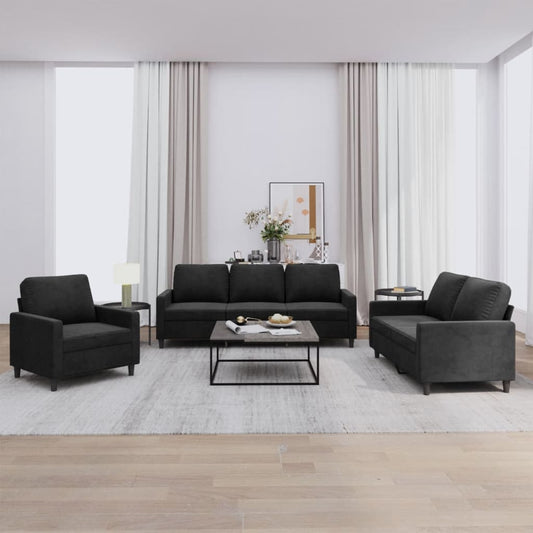 3-piece sofa set with cushions black velvet