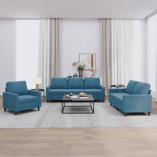 3-tlg. Sofagarnitur mit Kissen Blau Samt
