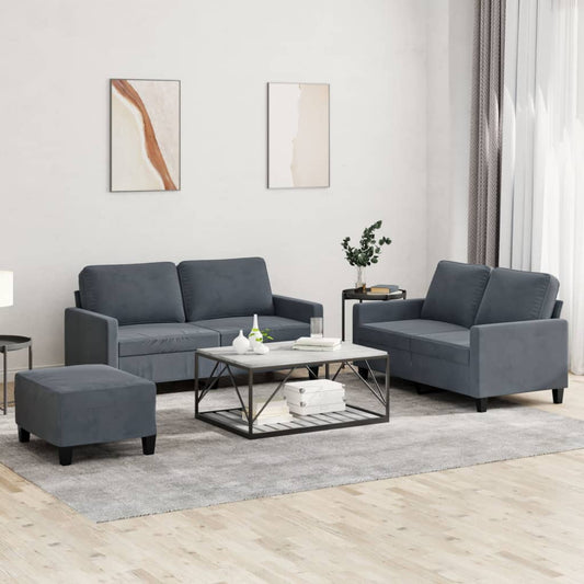 3-piece sofa set with cushions in dark grey velvet