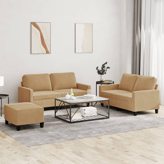 3-piece sofa set with cushions brown velvet
