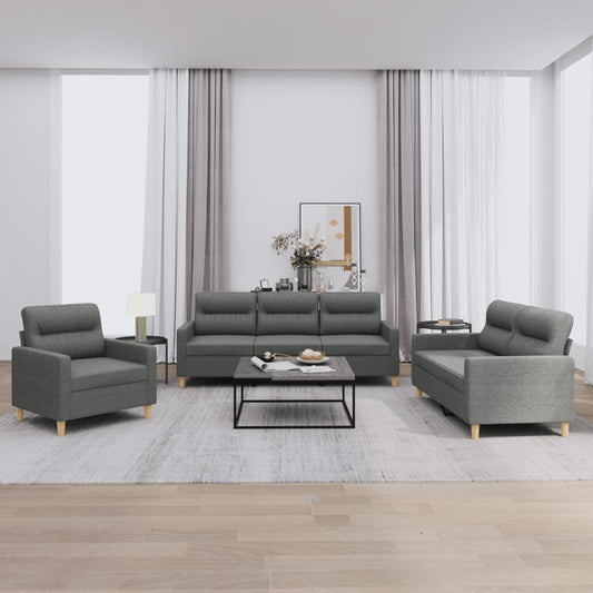 3-piece sofa set with cushions in dark grey fabric