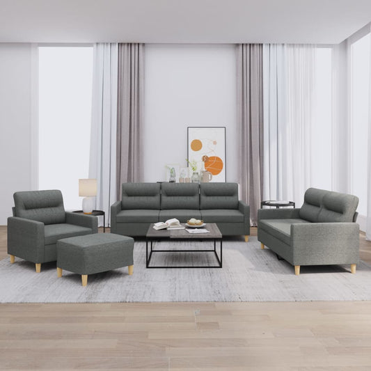 4-piece sofa set with cushions in dark grey fabric