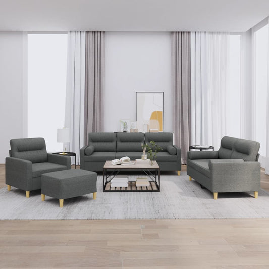 4-piece sofa set with cushions in dark grey fabric
