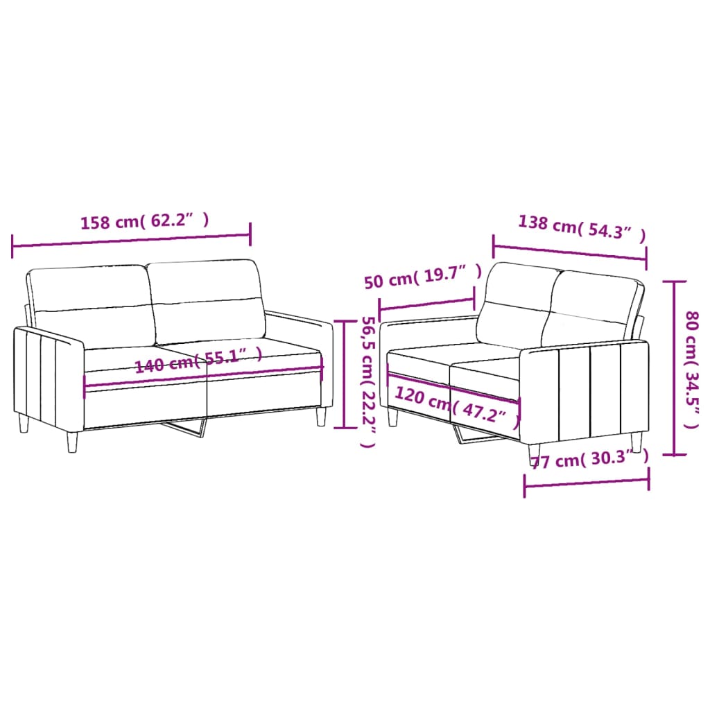 Ensemble de canapé 2 pièces avec coussins en tissu noir