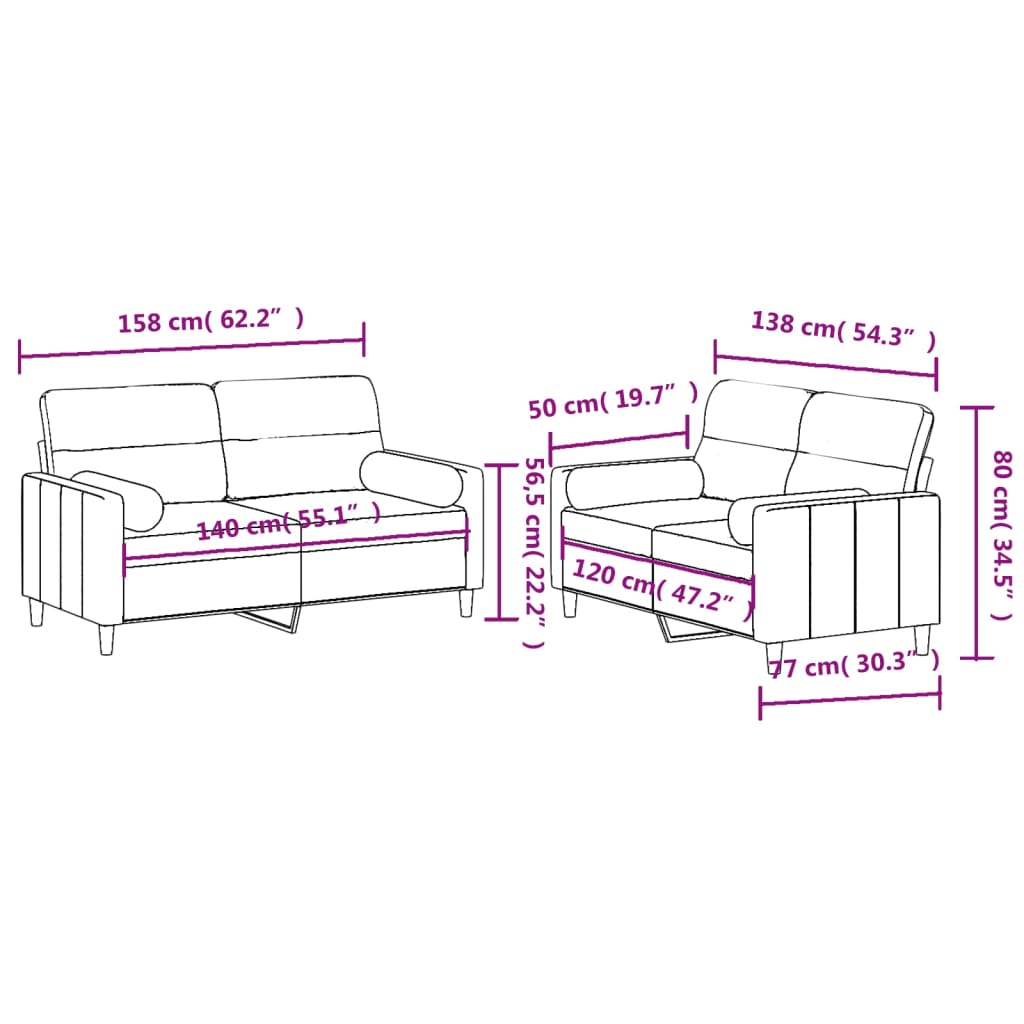 Ensemble de canapé 2 pièces avec coussins en tissu gris clair