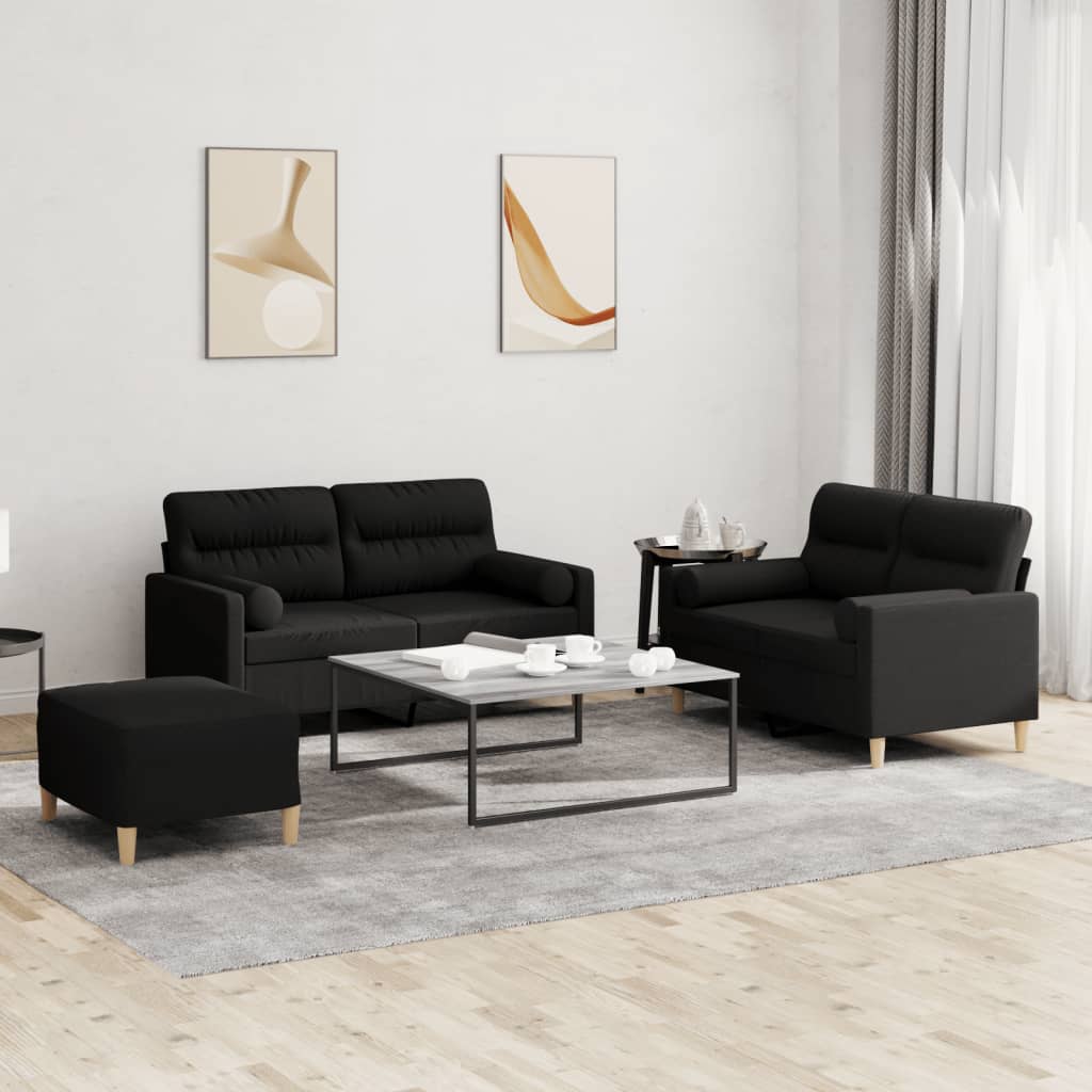 Ensemble de canapé 3 pièces avec coussins en tissu noir
